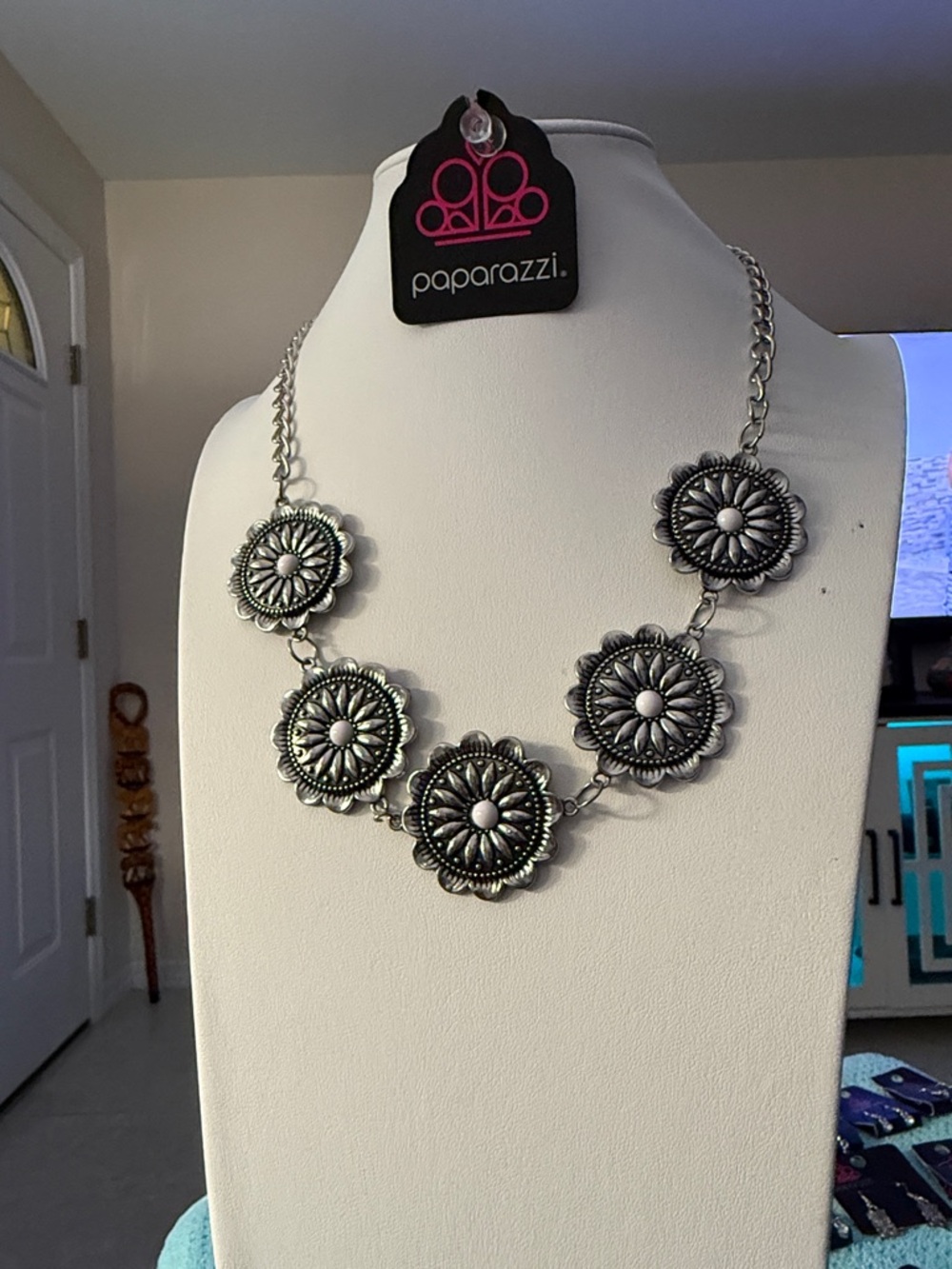 Paparazzi Black Floral Medallion Statement Necklace with White Accents